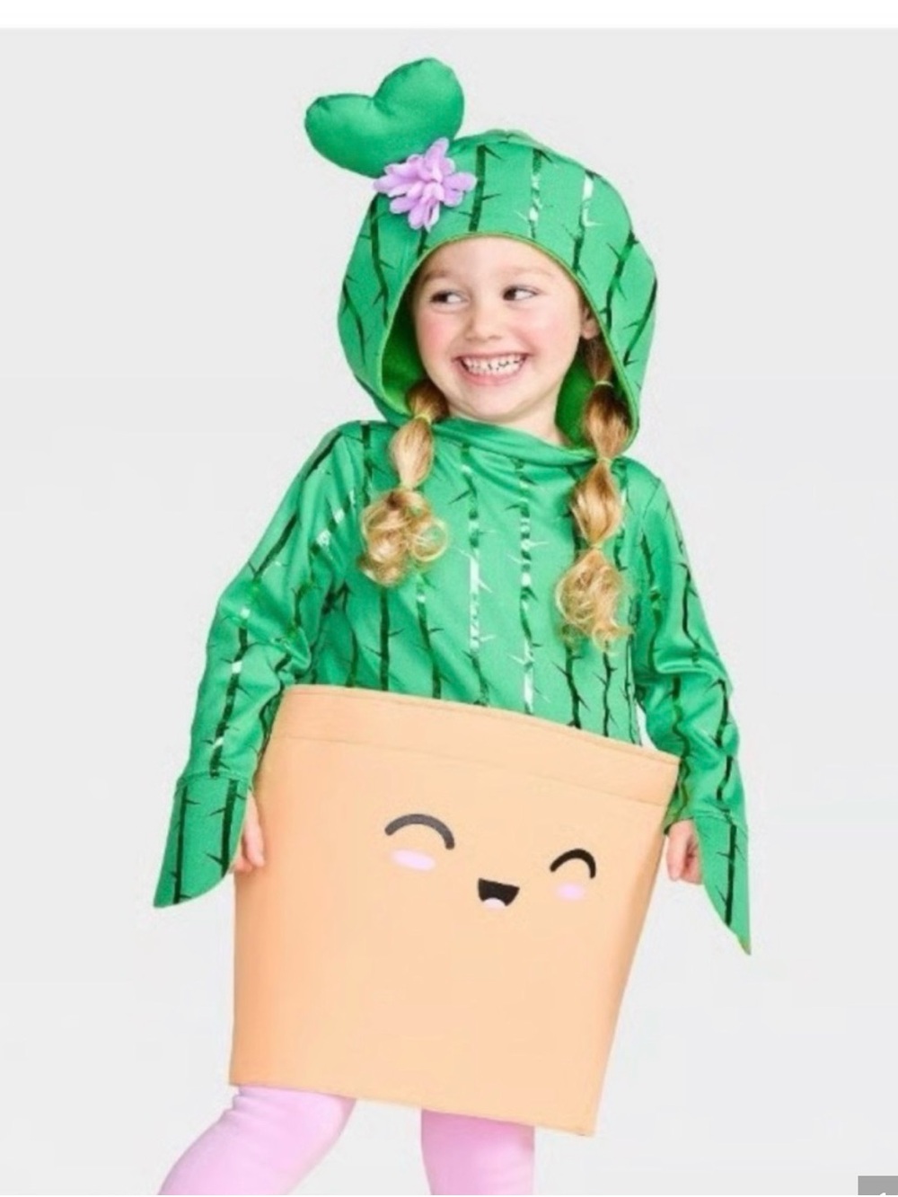 Kids Green Cactus Pot Costume with Peach Planter